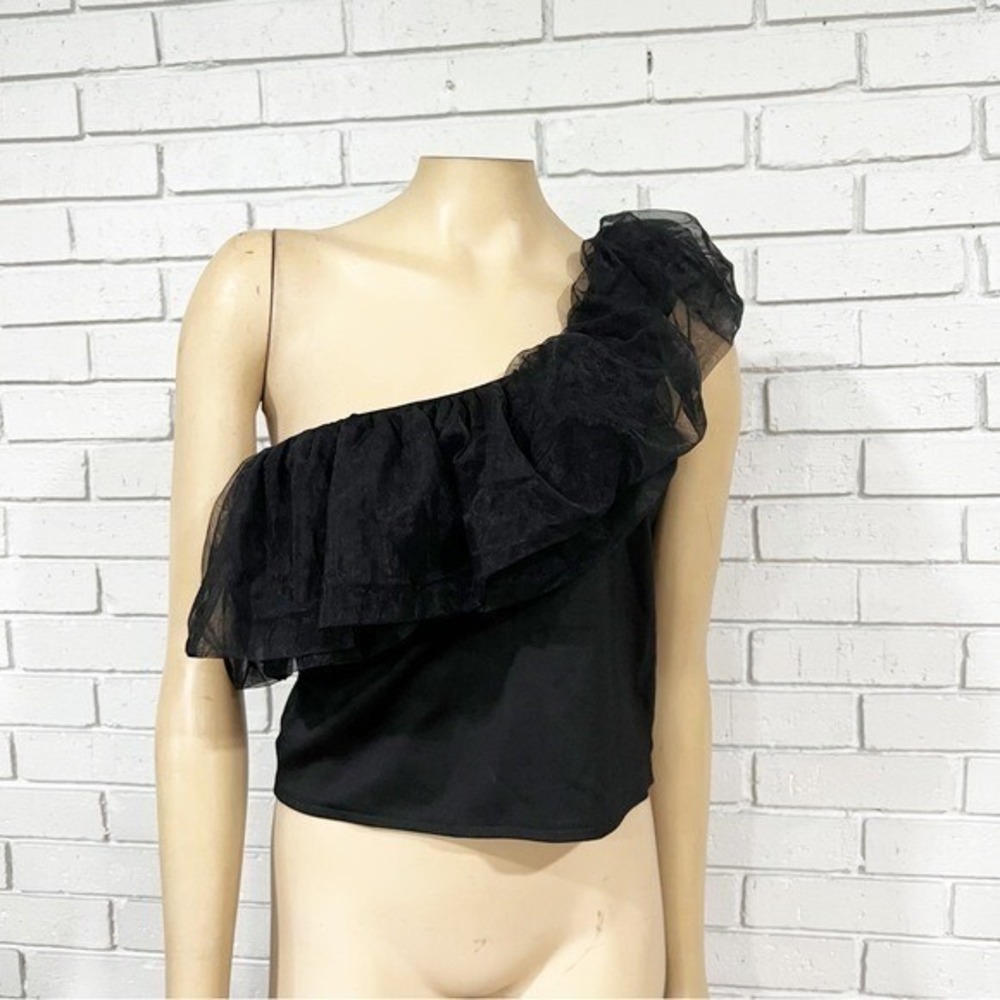 Sunday in Brooklyn Anthropologie Black One Shoulder Tulle Ruffle Top NWT XL